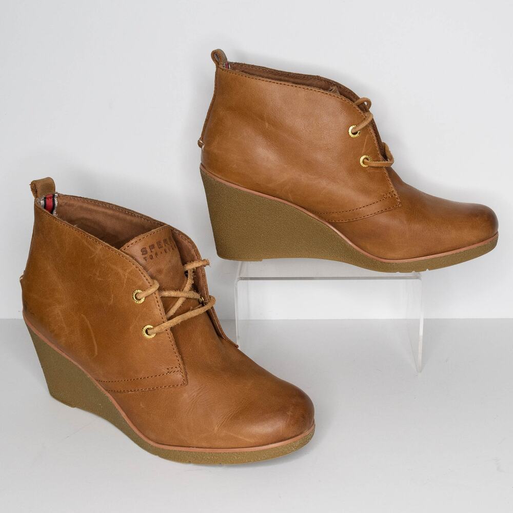 Sperry Chukka Bootie Burnished Leather Harlow Wedge Minimalist Cognac Brown 9